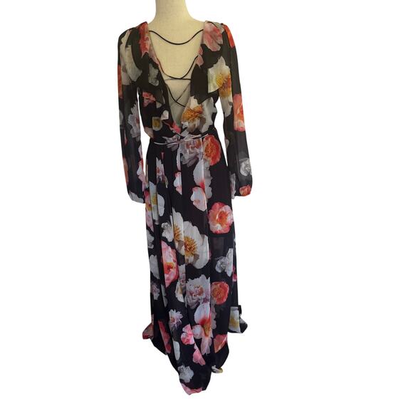 GB GIANNI BINI FLORAL PLUNGE CRISS CROSS MAXI DRESS IN BLACK PRE-OWNED MEDIUM - Picture 3 of 14